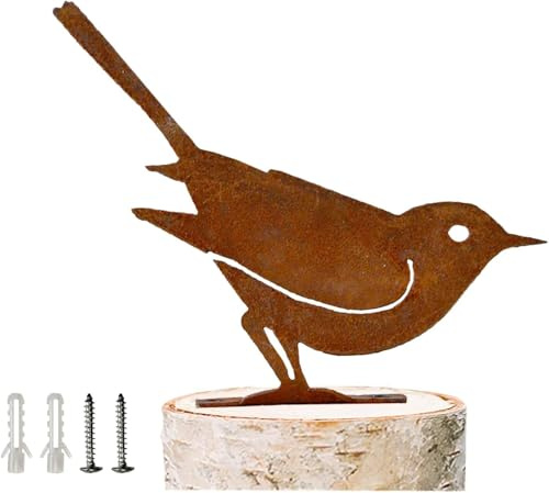 Reagia Brauner Spatz, Garten Deko Rostiges Vögel, Gartenstecker Rost Deko Vogel mit Schraube zum Rostdeko Garten Eindrehen in Holz, Edelrost Gartendeko Vintage, Metall Vögel Gartendeko