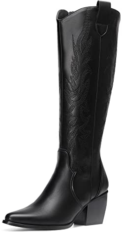 DREAM PAIRS Kniehohe Damen Westernstiefel, bequemer, klobiger Blockabsatz, spitzer Zehenbereich, seitlicher Reißverschluss, Wildleder-Slouch-Reitstiefel,Size 39,Schwarz/Pu,SDKB224W