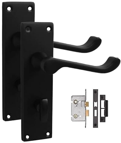 Golden Grace Victorian Scroll Bathroom Door Handles Lock, Bathroom Set | Includes screws, spindles, and a thumbturn for easy installation; features 150mm x 40mm backplates in a matt black finish.