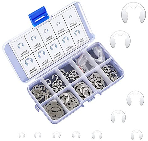 120 Piezas Anillo de Retención en Forma E Surtido de Anillos de Seguridad de Inoxidable 304 Kit E-Clip Circlip Externo 10 Tamaños 1.5/2/3/4/5/6/7/8/9/10mm con Caja de Plástico