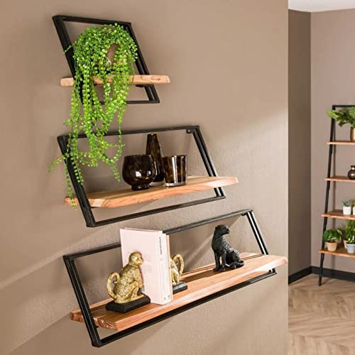 RINGO-Living Vintage Wandregal Holz mit Metall 3er Set, Deko Holzregal Industrial Regal, Tv Wandregal hängend, Bücherregal Wand für Bücher, Bilder, Deko, Wanddeko Wohnzimmer, Schlafzimmer, Esszimmer