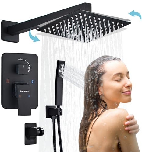 Arsuonta 25,4 cm quadratisches schwarzes Duscharmatur-Set, Regenduschkopf und Handbrause zur Wandmontage, Dusch-Kombi-System mit Hochdruckausgleichs-Duschventil-Kit für Badezimmer