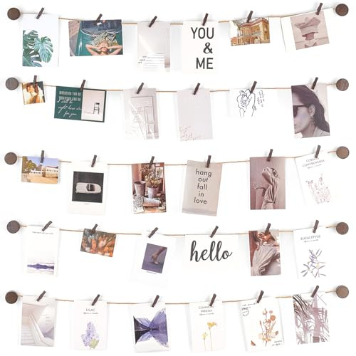Mkono Hanging Photo Display Pictures Wall Decor 5 Rope Strings with 30 Clips Multi Pictures Cards Holder Teen Girl Room Wall Art for Bedroom, Nursery, Dorm Room, Birthday Christmas Gift, Brown