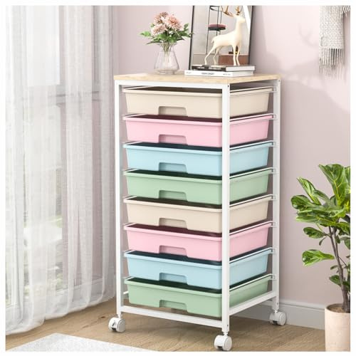 SYKIARIOL 8 Drawers Rolling Storage Trolley, Utility Storage Cart on Lockable Wheels with Plastic Drawers, Multipurpose Mobile Organizer Unit for Living Room,Bedroom,School,Beauty, Multicolor
