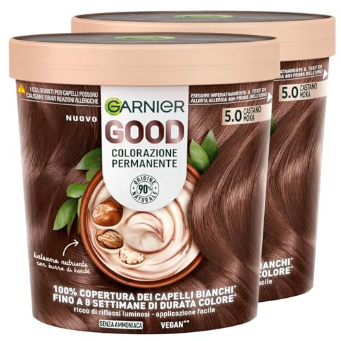 Garnier Good Tinta 5.0 Castano Moka Colorazione Permanente Fino a 8 Settimane Colore Brillante e Luminoso Copre il 100% dei Capelli Bianchi Formula Vegana Senza Ammoniaca - 2 Confezioni