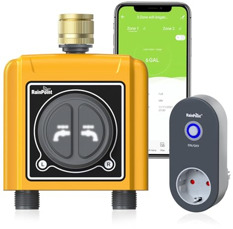 RAINPOINT Bewässerungscomputer WLAN 2 ausgängen mit Messing-Eingang,Smart automatische Bewässerung,APP&Sprachsteuerung,Bewässerung durch Wetter/Menge/Bodenfeuchte/Sprachsteuerung,für Garten