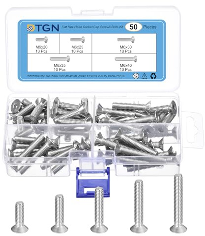 DTGN 50 Stück M6 x 20mm / 25mm / 30mm / 35mm / 40mm Flache Sechskopf-Schrauben-Set, 304 Edelstahl, Vollgewinde, Senkkopfschrauben
