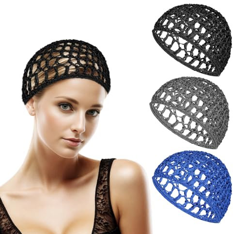 Cuffia da notte in morbido rayon all'uncinetto, in rete elastica, per donne e uomini, tra cui capelli spessi, lunghi, corti o ricci, 3 pezzi