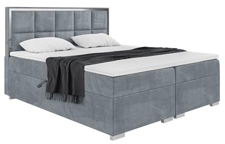 MEBLINI Boxspringbett mit Bettkasten - Gepolstert Doppelbett mit Matratze und Topper - Polsterbett mit Stauraum - Bett mit Kopfteil - Stauraumbett - Dani Silver - 200x220 - H3/Grau Samt