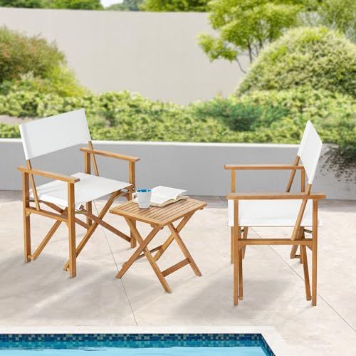 casa.pro Set da Bistrot Pieghevole Tavolo e 2 Sedie da Esterno Arredo Bistrò Mobili da Patio Balcone Terrazza Set da caffè all'Aperto - Legno di Eucalipto/Bianco