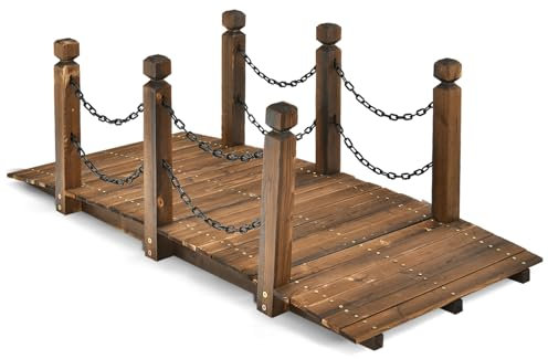 GOPLUS Holzbrücke aus Fichtenholz, 150 x 67cm x 55cm Teichbrücke bis 180 kg belastbar, Gartenbrücke mit Geländer & Ketten, Brücke für Garten Park & Hinterhof
