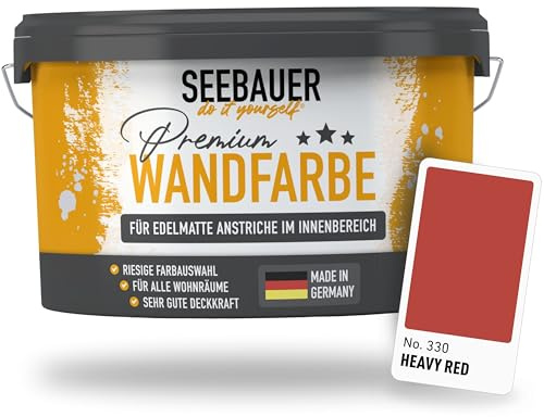 SEEBAUER diy Wandfarbe Rot 5L für Innen (No. 330 Heavy Red) Edelmatte dunkelrote Innenfarbe - Rottöne sehr hohe Deckkraft - Matt, Abwaschbar und Tropffrei
