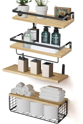 JARAGAR Schwebendes Regal, 4+1 Etagen Schweberegal Holz mit Aufbewahrungskorb & Handtuchhalter, Regalbrett Holz für Bad Schlafzimmer Wohnzimmer Küche Bad Toilettenpapier