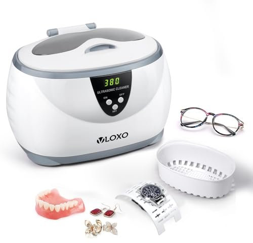 VLOXO CD-3800 Ultrasonic Cleaner with 5 Digital Timer Jewellery Cleaner for Jewellery Necklaces Rings Glasses Watches Coins Dentures with Watch Stand Cleaning Basket(600ML 50W 42000HZ)