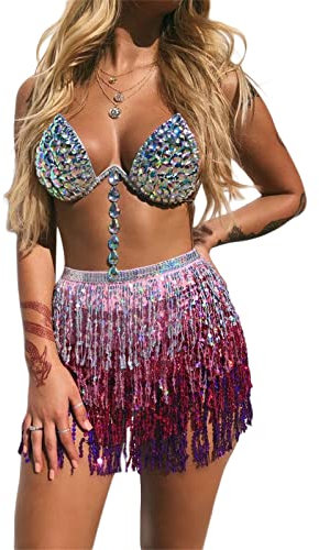 Damen Pailletten Quaste Röcke Sparkly Fransen Bauchtanz Performance Kurzer Rock Hüftschal Rave Party Kostüm, silber, rosa, Einheitsgröße