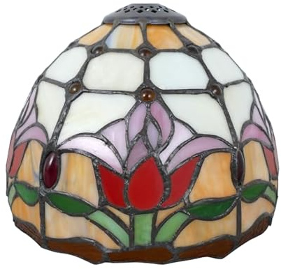 BOTOWI Tiffany Lamp Shade Floral Style Handmade Stained Glass Lampshades 8 Inch Wide Vintage Table Lamp Pendant Light Cover Replacement Only for Bedroom Living Room Office Decoration,Tulip