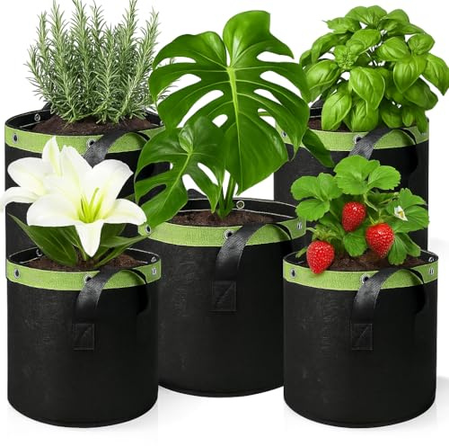 XQZMD 5 Stück Pflanzsack, Pflanze Wachsende Tasche aus Vliesstoff, Wiederverwendbare Stofftopf mit Griffe & Metallösen, Pflanztasche für Kartoffeln, Tomaten und Erdbeeren (25L)