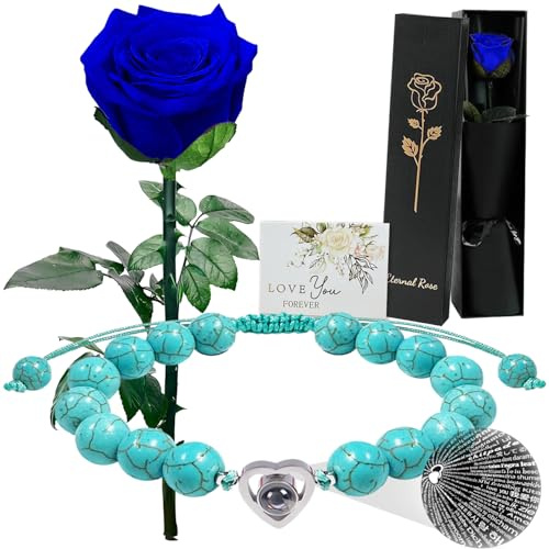 Rose Éternelles,Vraie Roses avec Tige,Boîte Fleurs Conservée Préservée Bouquet pour Fête des Mères Saint-valentin Noël Action Grâce Mère Grand-mère Anniversaire Épouse Fiancée Mariage Cadeau(Bleu)
