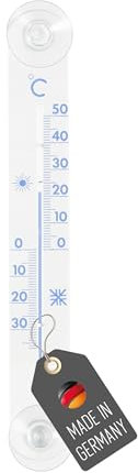 Lantelme Thermomètre de fenêtre avec ventouse - Affichage analogique de la température de -30 °C à 50 °C - En plastique long - 20 cm x 3 cm - Transparent - Thermomètre avec tête d'aspiration pour