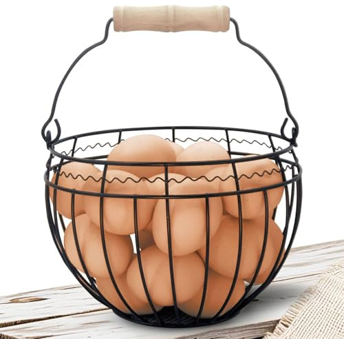 Wire Egg Basket for Gathering Fresh Eggs, Vintage Chicken Egg Collecting Basket with Handle, Farmhouse Egg Storage Container Countertop,Black, Ventilated Design, Easter Christmas Kitchen Decor