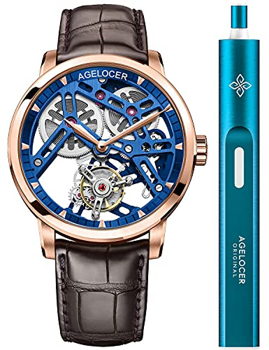agelocer Men's Watch Double Skeleton Free-Sprung Flying Tourbillon, 40mm Stainless Steel dial,80H Power Reserve, Sapphire Crystal, Business Watches for Man,Dress Luxury Gift for Men (LQ_9004D2)