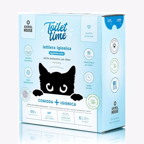 Animal House Toilet Time - Arena de bentonita Blanca para Gatos, antiestática y Segura, Ultra Absorbente, aglutinante, retiene los olores, 5,1 kg (Blanca, 6 L)