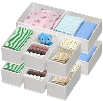 12-Pack Foldable Drawer Organizers - Fabric Storage Bins for Clothes, Underwear, Socks & Accessories | Collapsible Dresser Dividers for Wardrobe, Bedroom & Kitchen (Light Grey, Multi-Size Set)