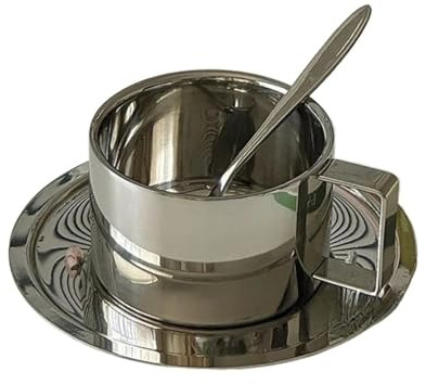 Italian Style Coffee Cup and Plate Set, Stainless Steel Latte, Restaurant Cup with Spoon, Portable Table Mug Girl Gift