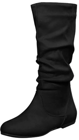 Stivali da donna a metà polpaccio in pelle scamosciata stivali piatti con zip laterale, scarpe morbide e calde, a punta, senza lacci, con tacco basso, comodi e alla moda, stivali lunghi larghi, Nero