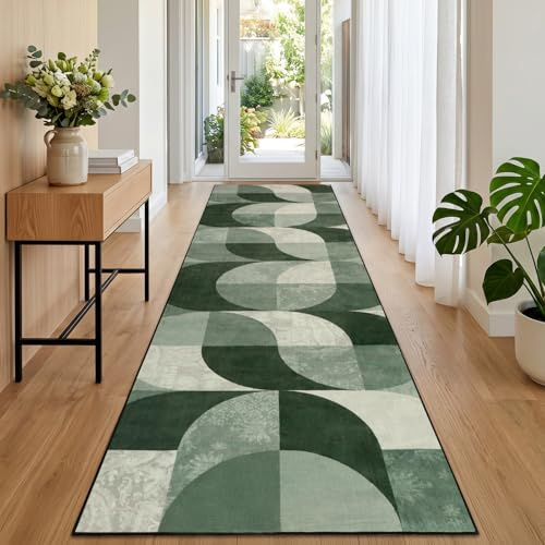 TUKDAK Boho Teppich Läufer Flur 80x300 cm, Grün Küchenteppich Waschbar, Geometrisches Läufer Flur rutschfest Lang, Weicher Kurzflor Flurläufer für Eingänge Schlafzimmer Wohnzimmer Korridor Küche