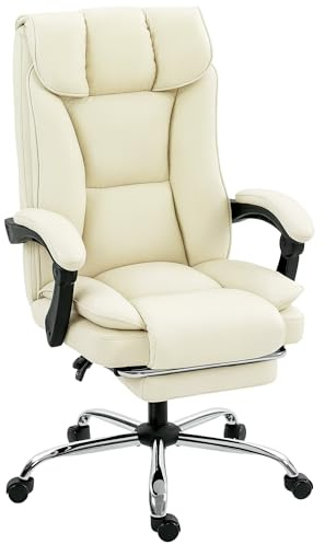 HOMCOM Bürostuhl, Ergonomischer Schreibtischstuhl mit Verstellbar Rückenlehne, Fußstütze, Höhenverstellbarer Tierfreundlicher Drehstuhl aus Kunstleder Doppel Gepolstert Computerstuhl, Beige