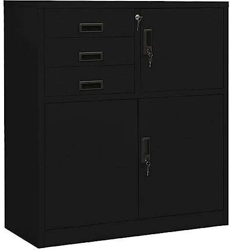 SKTQYQO Armadio per Ufficio in Acciaio Nero 90x40x102 cm con 3 Cassetti e Serratura, Mobile Archivio con Ripiano Regolabile e Vano Interno per Organizzazione Documenti