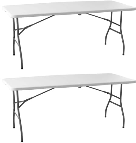 Pack 2 Mesas Plegables 180 cm Catering - Resina HDPE Blanca Alta Densidad - Estructura Acero Reforzado - Patas Plegables Tipo Maleta - Ideal Camping Jardín Eventos Fiestas - Interior y Exterior