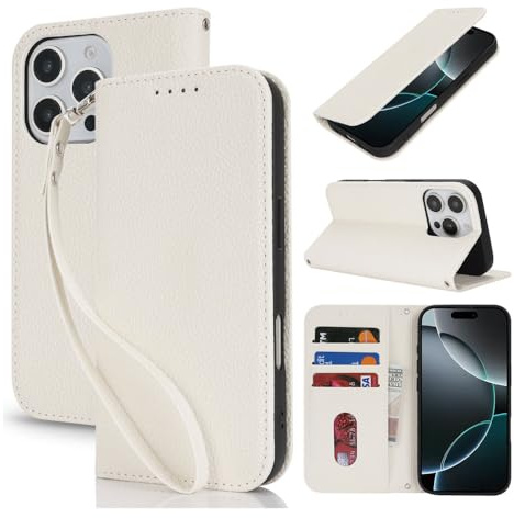 QKEPCY Cover Compatibile con iPhone 16/16 Pro Custodia Cover Libro Portafoglio Folio Pelle Flip Stand Case Funzione di Supporto Slot Schede Protezione Ottimale con Cordino (Bianco/iPhone16)