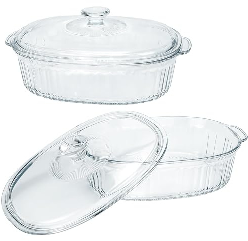 Set di 2 pirofile con coperchio in vetro, per forno e microonde, teglie in vetro resistente al calore per cuocere e servire, ciotole in vetro borosilicato con coperchio (1,8 l e 2,8 l)