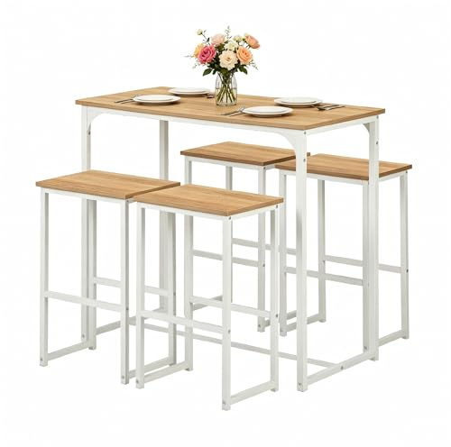 Songvas Conjunto Mesa Alta de Cocina con 4 Taburetes, Mesa Comedor con Sillas Industrial para Comedor, Cocina, Mesa de Bar 100 × 50 × 90 cm, Sillas 40 × 30 × 65 cm, Blanco Mate + Veta Roble