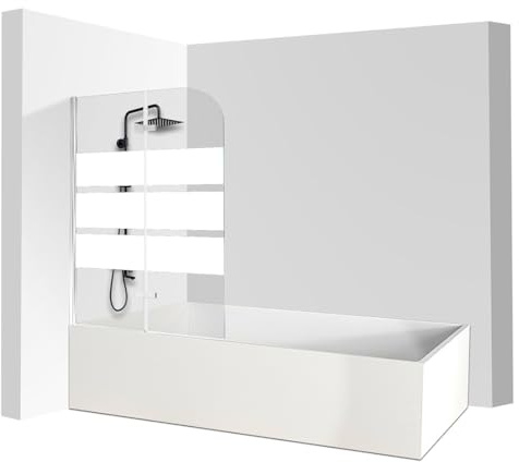 Monucep Vasca da bagno 100 x 140 cm, 2 pezzi, pieghevole, per vasca da bagno in vetro di sicurezza ESG da 6 mm, con strisce bianche, rivestimento nano, paraspruzzi, argento