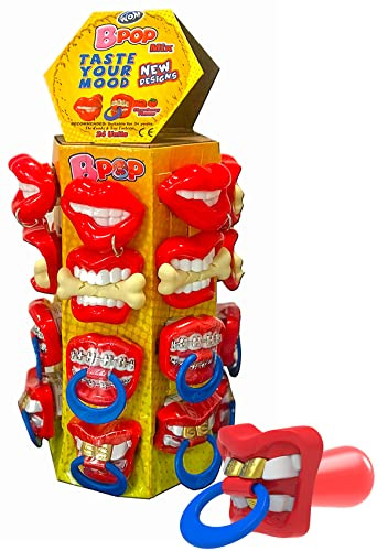WOM Bpop Mix | Sucettes Saveur Fraise avec Forme Bouche Drôle | Tour 24 Sucettes Bonbons | 4 Modèles de Bouche | Sucettes à Bonbons Fraise de 15 g.
