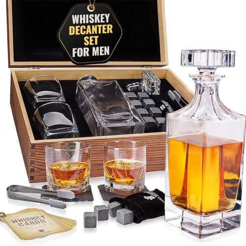 Coffret Whisky Cadeau – Verres, Carafe, Glacon Pierre Reutilisable, Dessous de Verre, Pinces à Glace, Boîte en Bois, Cartes Recettes, Sac en Velours – Service a Whisky pour Homme de Royal Reserve…