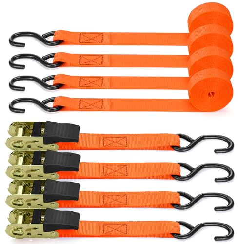 Ohuhu Spanngurte Mit Ratsche - 4 Stück 680Kg 4,6m Zurrgurt Orange 25mm Mit S-Haken Aus Beschichtetem Metall - Zweiteilig