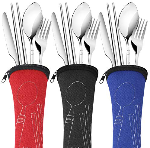 Arroyner 3 Pack Reusable Flatware Sets Knife, Fork, Spoon, Chopsticks, 12Pcs Portable Travel Stainless Steel Tableware Dinnerware with Carrying Case