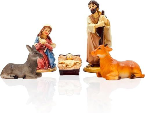 Aurora Store Set 5 pz Natività Classica Presepe Grande Statuine in Resina con 5 soggetti Personaggi da h. 15 cm Giuseppe Maria Gesù Bambino Asinello Bue