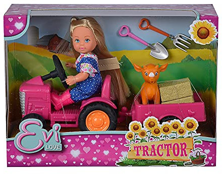 Simba 105733518 - Evi Love Tractor, Puppe auf ihrem Traktor mit Anhänger, Tier, Heuballen, Schaufel und Mistgabel, 12cm, Für Kinder ab 3 Jahren geeignet