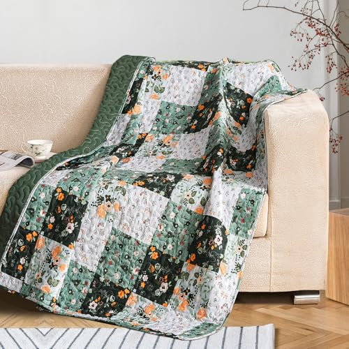 Exclusivo Mezcla 50x 60 Quilted Throw Blanket- Microfiber Quilt Throw with Boho Patchwork Pattern, Reversible Green Versatile Lap Quilt for All Seasons, Lightweight Throws for Bed/Couch/Sofa