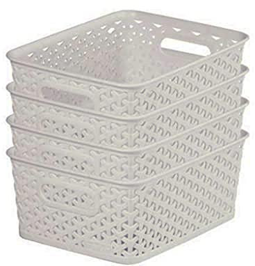 Curver My Style Rattan Effect Set of 4 Kitchen, Living room, Bathroom, Bedroom, Utility Small Rectangular Storage Baskets 4 Litres - Light Grey