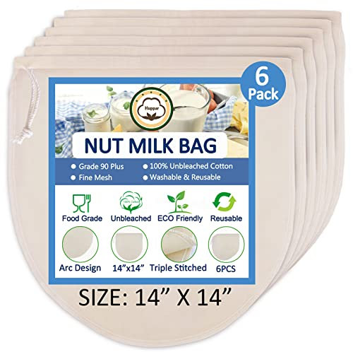 6 Pack 14x14 Nut Milk Bags - 100% Unbleached Cotton, Food Strainer, Reusable Cheesecloth,Straining Almond/Oat/Soy Milk, Cold Brew Coffee, Cloth Bag for Cheese/Yogurt/Juice/Tea//Wine/Soup/Herbs.