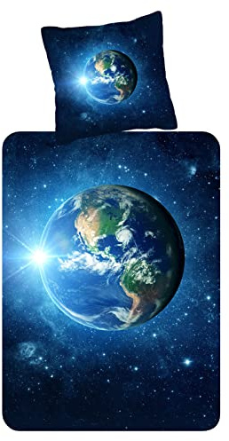 ESPiCO Bettwäsche Earth Weltraum-Design mit Erdkugel und Sternen aus 100% Baumwolle, Blau, 135 x 200 cm