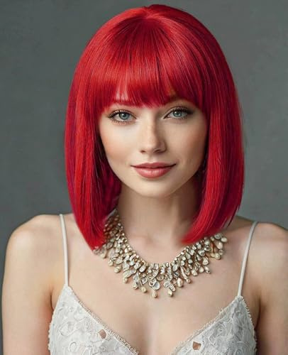 YEESHEDO Damen Rot Kurze Bob Gerade Haar Perücken mit Pony Hitzebeständige Synthetische Bunte Perücke für Frauen für Tägliche Party Cosplay Kostüme