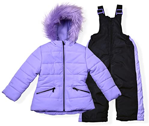 Arctic Quest Girls' Bib Snow Pants and Ski Jacket Water-Resistant Snowsuit For Kids Winter Hooded Jacket, Violet Tulip, 18M