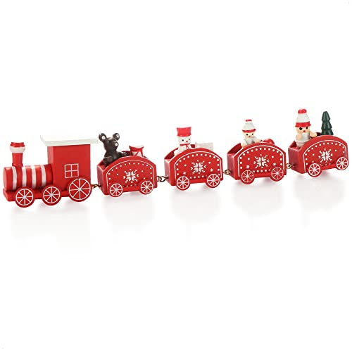 com-four® Weihnachtszug mit Vier Anhängern aus Holz, dekorativer | weihnachtliche Tischdekoration - Holzeisenbahn